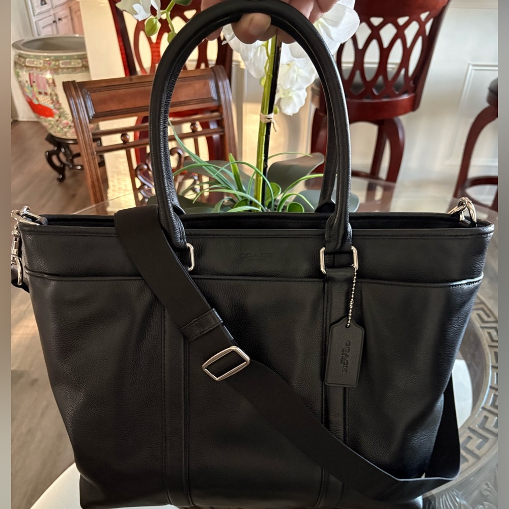 Coach Black Leather Tote with Silver Hardware